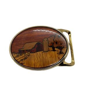 Belt Buckle Farmland Barn & Silo Vintage Youwest Unisex Brown Gold Wooden Inlay